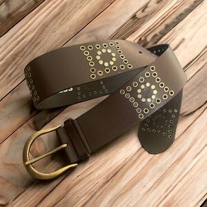Express BROWN GENUINE LEATHER BRASS BUCKLE 2.25"W STUDDED CORSET BELT MEDIUM